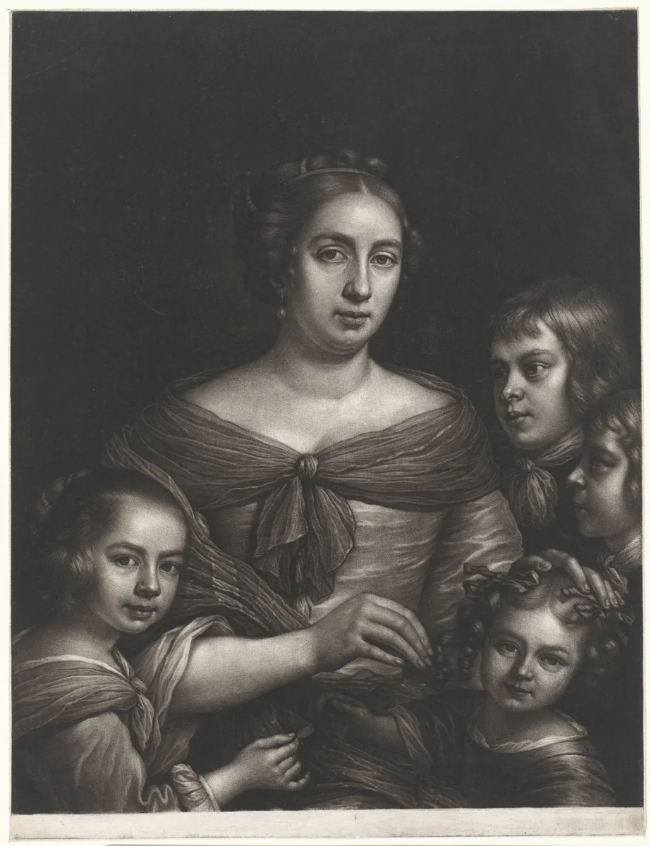 Portret van een moeder met vier kinderen by Wallerant Vaillant, print, 1658-1677