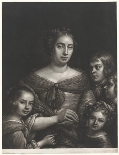 Portret van een moeder met vier kinderen by Wallerant Vaillant, print, 1658-1677
