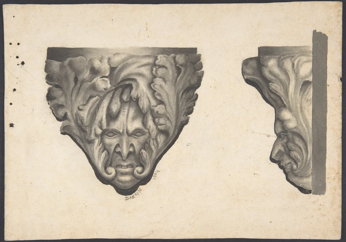 Sketches of Carved Medieval Bosses by John Darkin, drawing, 1834