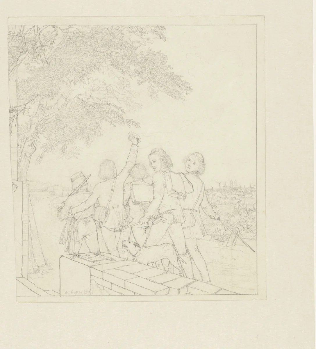 Studenten op de Wanderschaft met een hond by Wilhelm Koller, drawing, 1849