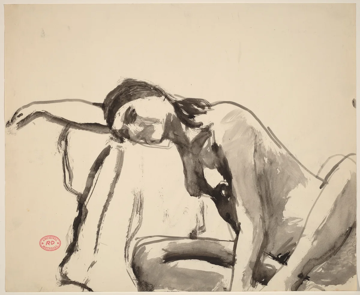 Untitled [seated nude resting her head and arm on a draped stand] by Richard Diebenkorn, drawing, 1955-1967