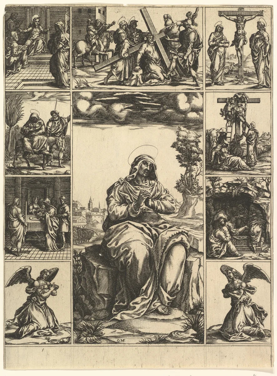 The Virgin of Sorrows; an image of the Virgin Mary surrounded by nine vignettes depicting scenes of her life by Giorgio Ghisi, print, 1570-1580