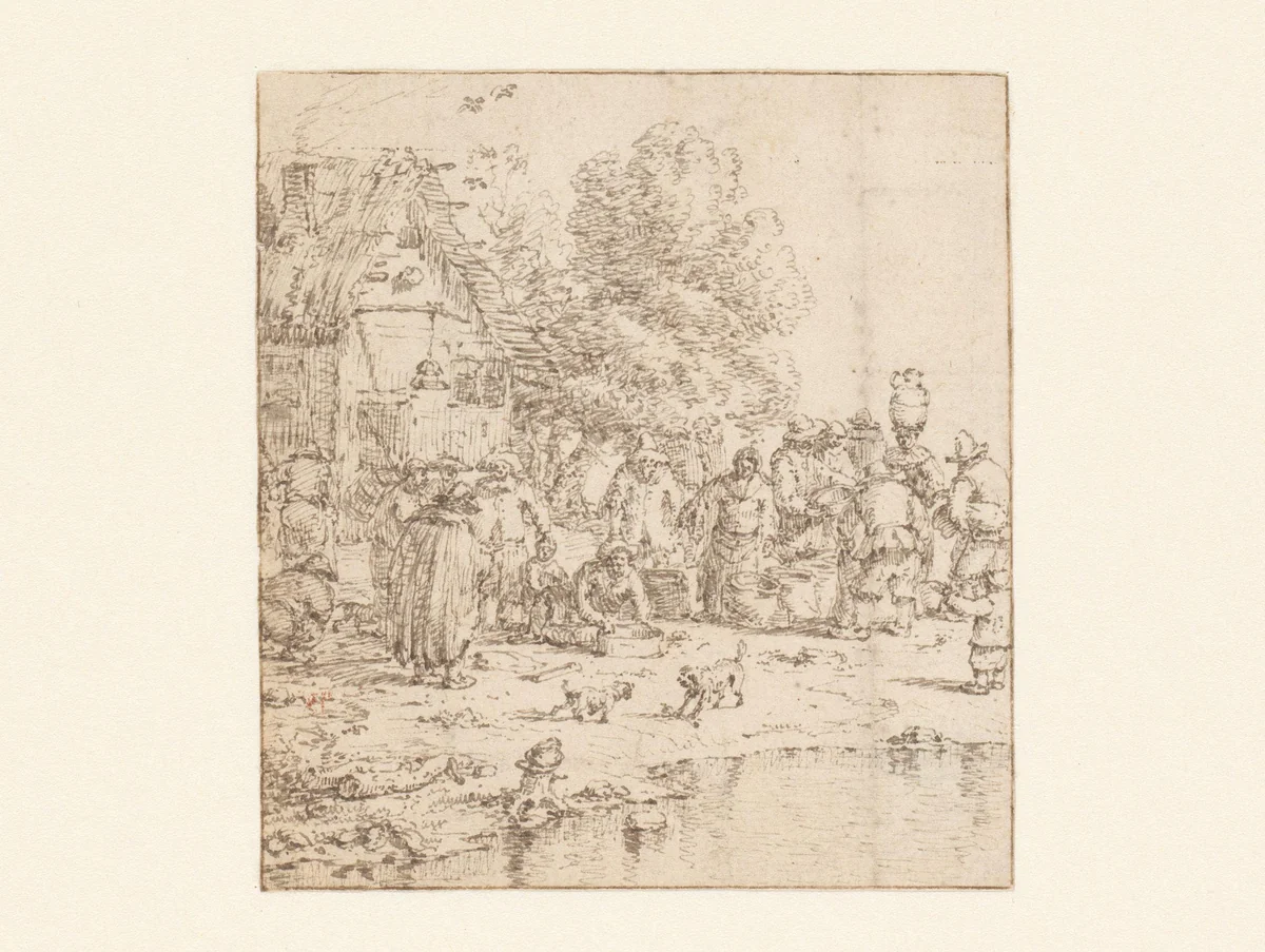 Verkoopscène bij een boerderij by anonymous, drawing, 1600-1699