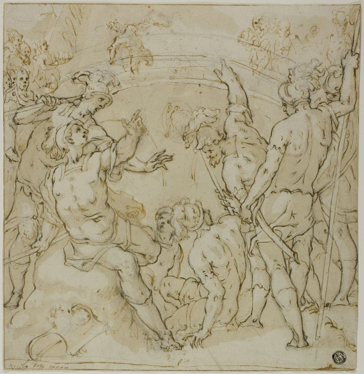 Study for the Duel between Heraclius and Khosrau (recto); Sketches of Seated Figure (verso) by Niccolò Circignani, drawing, 1582