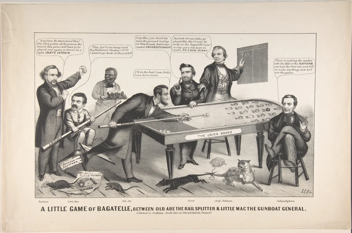 A Little Game of Bagatelle, Between Old Abe the Rail Splitter & Little Mac the Gunboat General by John L. Magee, print, 1864