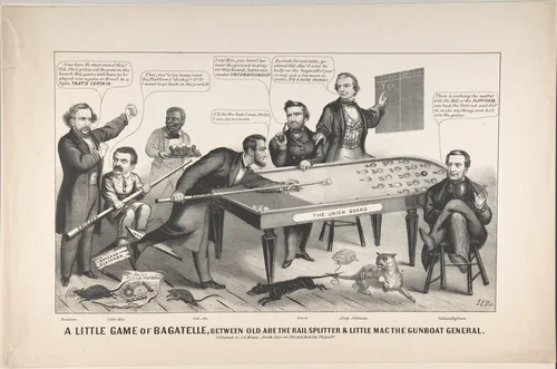 A Little Game of Bagatelle, Between Old Abe the Rail Splitter & Little Mac the Gunboat General by John L. Magee, print, 1864