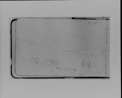 Bay Scene with Mountains and Boats (Red Rock?) (from Sketchbook) by Albert Bierstadt, artwork, 1890