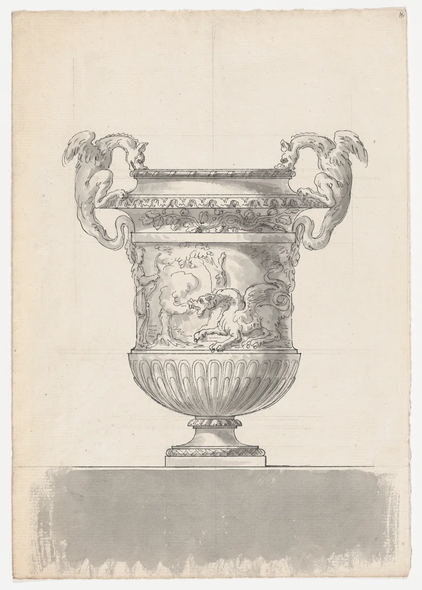 Bronze Garden Vase with Two Dragons from the Gardens of Versailles by Claude Ballin the Elder, drawing, 1673
