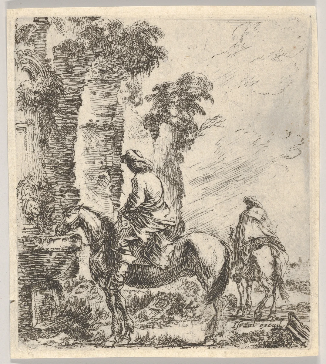 A rider making his horse drink from a basin of a fountain at left, another horseman seen from behind riding towards the left in the background, plate 19 from "Various figures and doodles" (Diverses figures et griffonnemens) by Stefano della Bella, print, 1643-1648