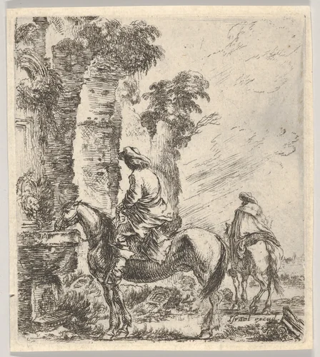 A rider making his horse drink from a basin of a fountain at left, another horseman seen from behind riding towards the left in the background, plate 19 from "Various figures and doodles" (Diverses figures et griffonnemens) by Stefano della Bella, print, 1643-1648