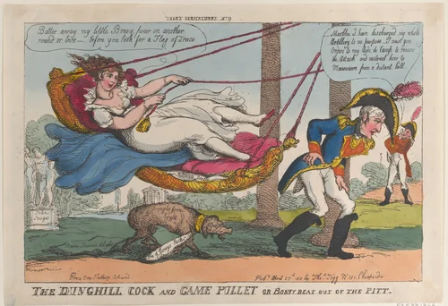 The Dunghill Cock and Game Pullet or Boney Beat Out of the Pitt by Thomas Rowlandson, print, 1810