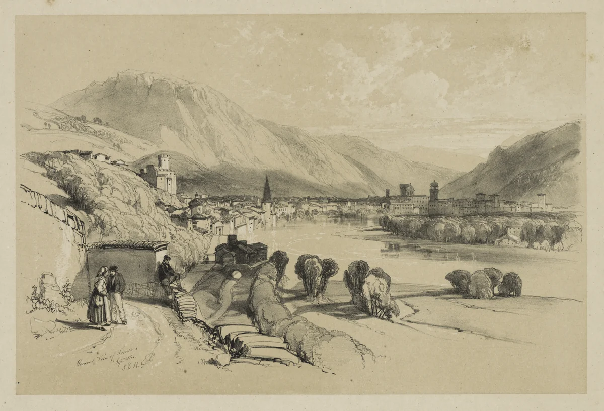 Sketches at Home and Abroad: General View of Trento by James Duffield Harding, print, 1834