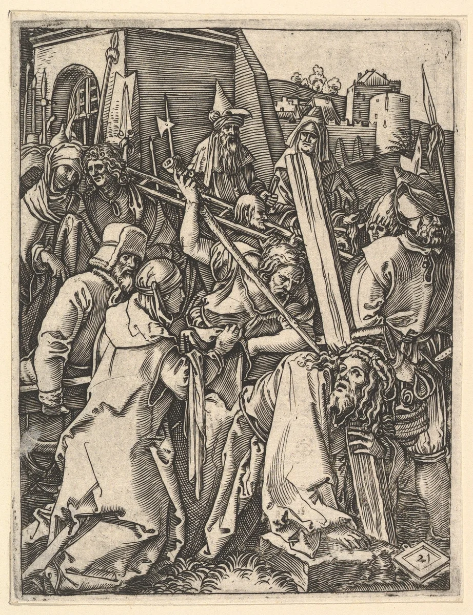 The Bearing of the Cross; Christ bearing the cross, supporting himself with one arm on the ground, from "The Passion of Christ", after Dürer by Marcantonio Raimondi, print, 1495-1539