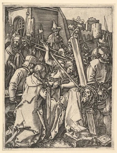 The Bearing of the Cross; Christ bearing the cross, supporting himself with one arm on the ground, from "The Passion of Christ", after Dürer by Marcantonio Raimondi, print, 1495-1539