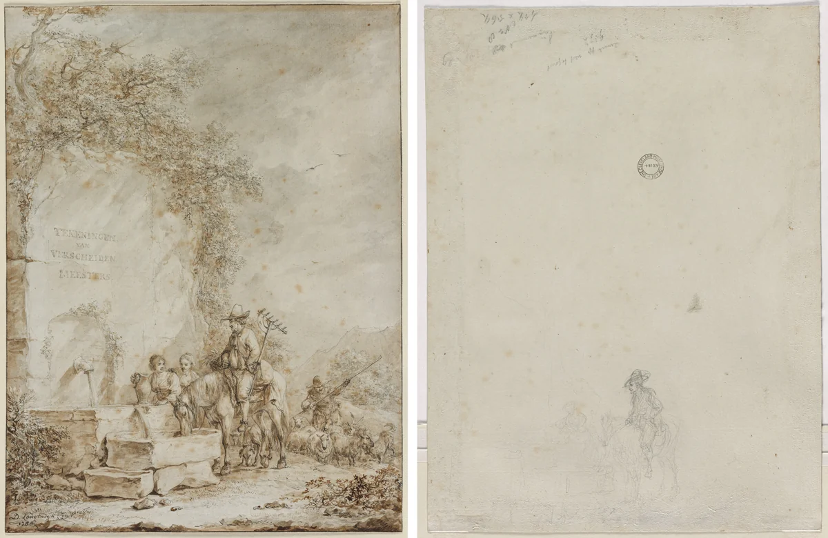 Frontispiece for an Album of Drawings: Peasants at a Fountain (recto); Sketch of Peasants at a Fountain (verso) by Dirk Langendijk, drawing, 1784