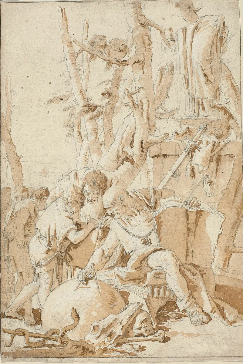 Democritus and Heraclitus Laughing and Sorrowing over the Follies of the World by Giovanni Battista Tiepolo, drawing, 1742-1743