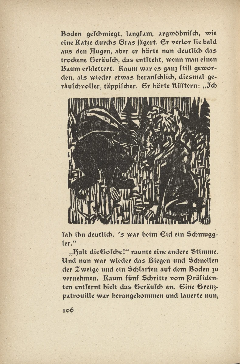 Downfall: Kern and the Smuggler (Niedergang: Kern und der Schmuggler) (in-text plate, page 106) from Neben der Heerstrasse (Off the Main Road) by Ernst Ludwig Kirchner, illustrated book, 1923