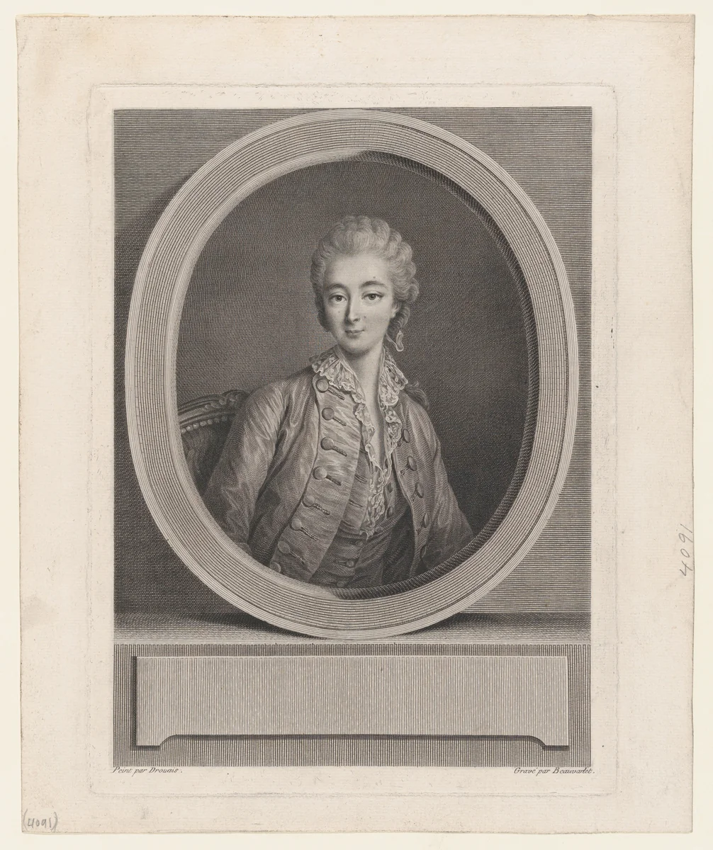 Portrait of Madame du Barry, after Drouais by Jacques Firmin Beauvarlet, print, 1760-1790