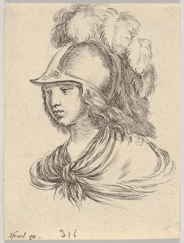 Plate 9: Bust of Minerva, wearing a helmet with feathers, looking towards the left, from "Various heads and figures" (Diverses têtes et figures) by Stefano della Bella, print, 1650