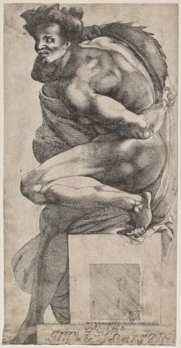Ignudo (after Michelangelo) by Pierre Biard the Younger, print, 1595-1661
