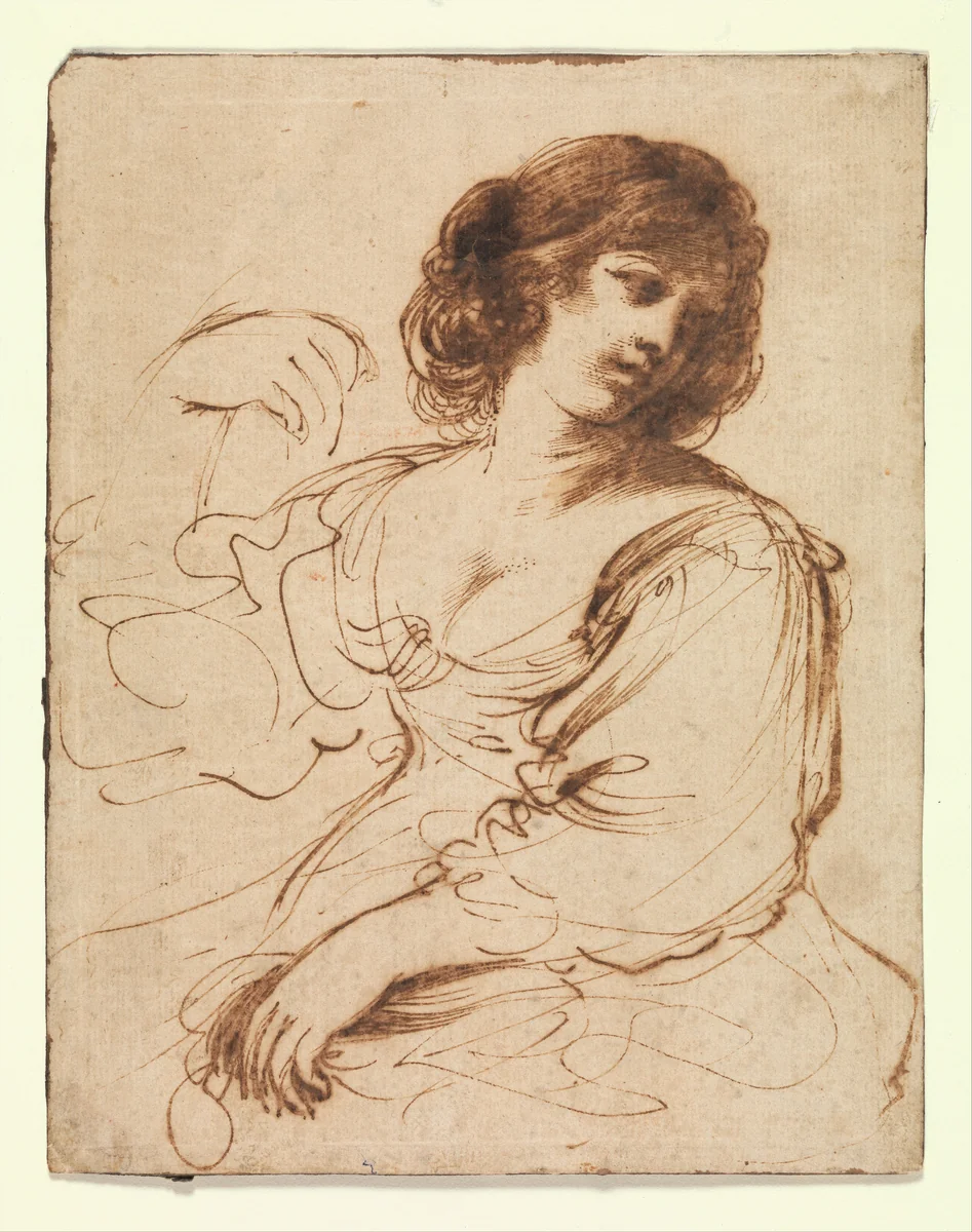 A Seated Young Woman Looking Over Her Shoulder by Guercino, drawing, 1600-1670