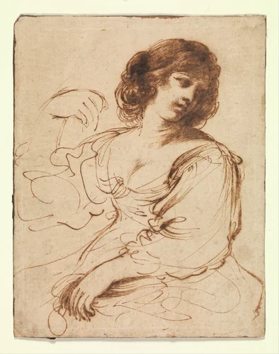 A Seated Young Woman Looking Over Her Shoulder by Guercino, drawing, 1600-1670
