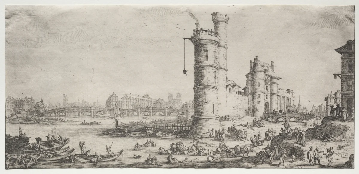 Les deux grandes vues de Paris: Vue du Pont Neuf by Jacques Callot, print, 1628-1630