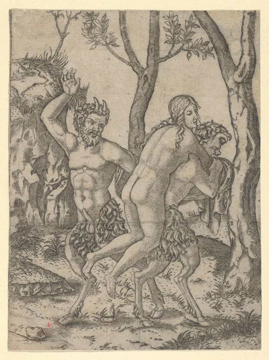 A satyr carrying a nymph on his back and another raising his right hand to slap her by Marcantonio Raimondi, print, 1505-1515