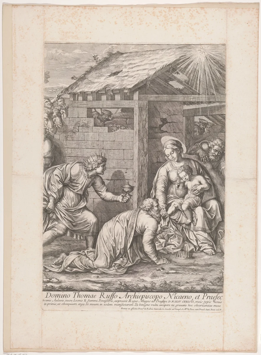 Aanbidding door de koningen (midden deel) by Pietro Sante Bartoli, print, 1645-1700