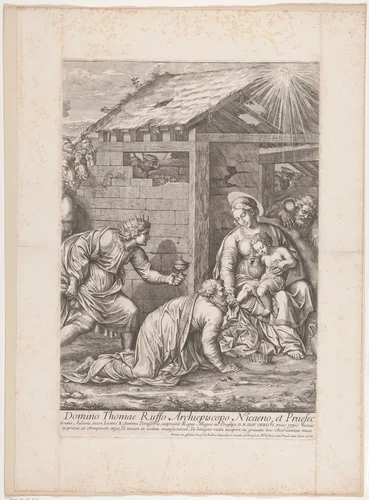 Aanbidding door de koningen (midden deel) by Pietro Sante Bartoli, print, 1645-1700