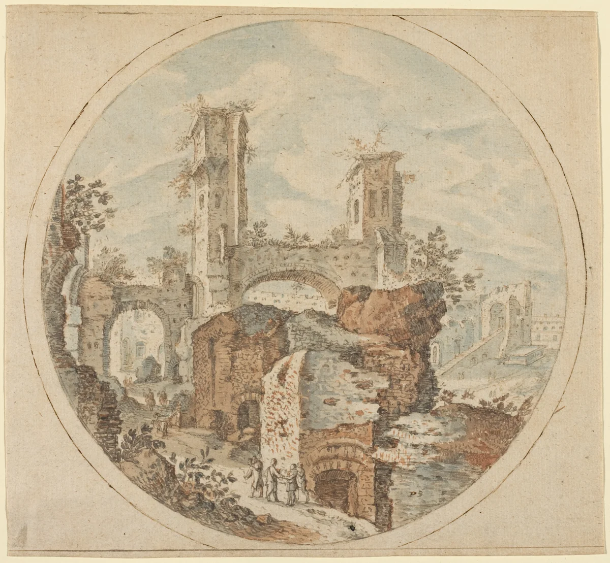 Travellers among Roman Ruins by Pieter Stevens, drawing, 1567-1624