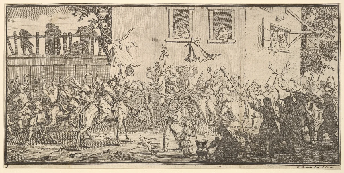 Hudibras and the Skimmington (Seventeen Small Illustrations for Samuel Butler's Hudibras, no. 9) by William Hogarth, print, 1721-1726