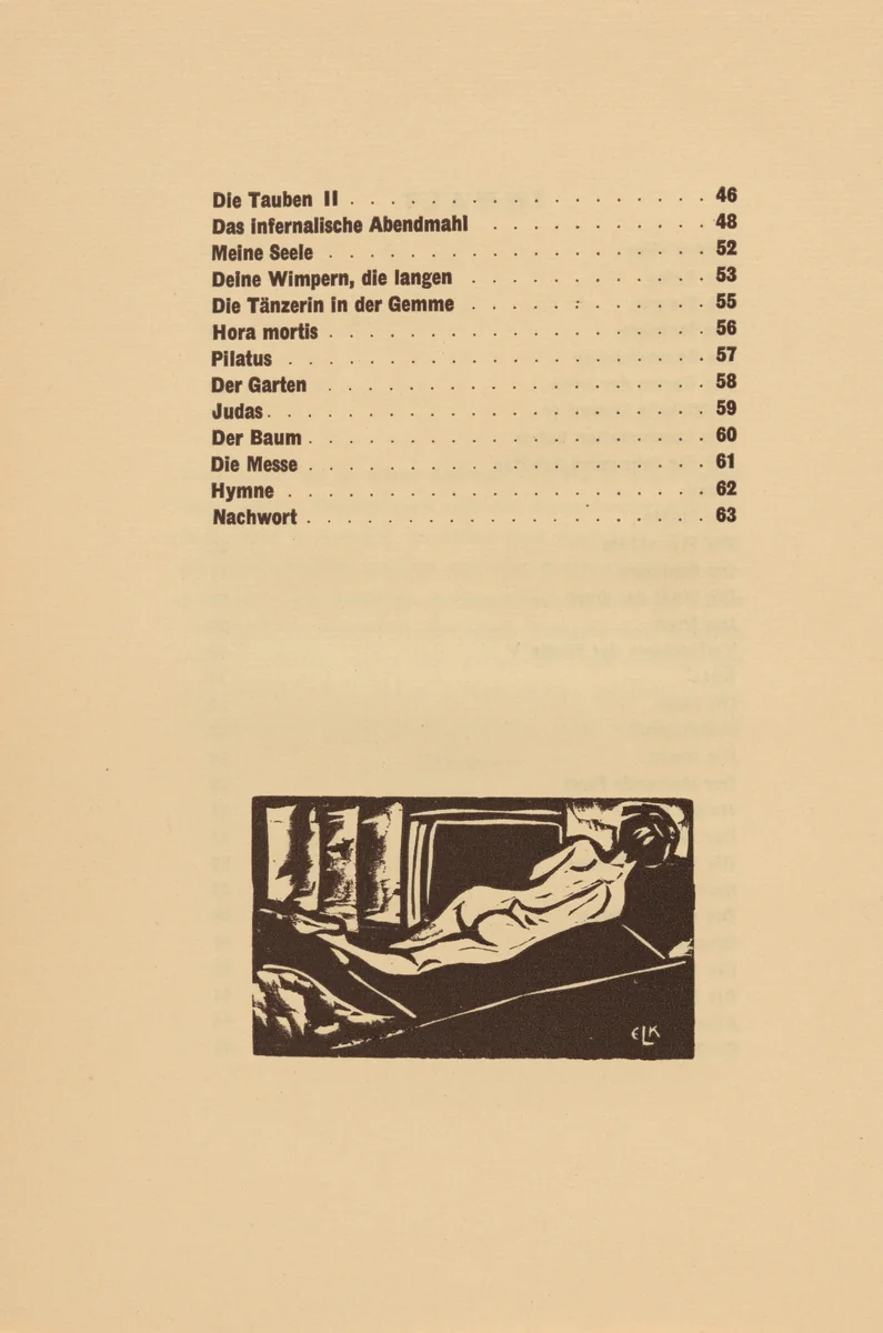 Liegender Rückenakt (Reclining Nude) (tailpiece, table of contents) from Georg Heym: Umbra Vitae (Georg Heym: Shadow of Life) by Ernst Ludwig Kirchner, volume, 1924