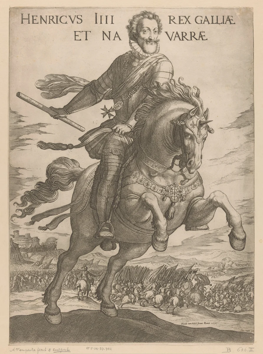 Hendrik IV, koning van Spanje, te paard by Unknown, print, 1593