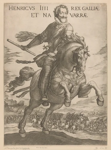 Hendrik IV, koning van Spanje, te paard by Unknown, print, 1593