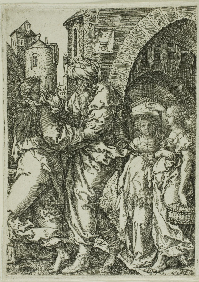 Lot and His Family Fleeing from Sodom, from The Story of Lot by Heinrich Aldegrever, print, 1555