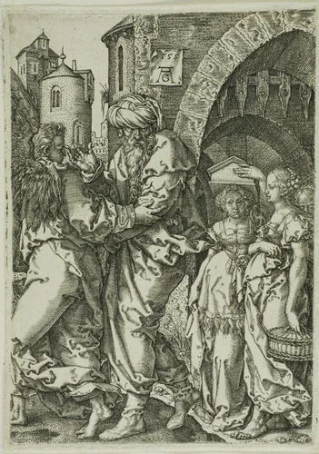 Lot and His Family Fleeing from Sodom, from The Story of Lot by Heinrich Aldegrever, print, 1555