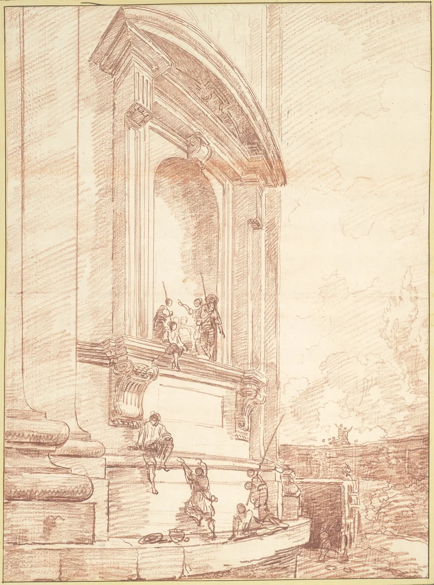 Figures in One of Michelangelo's Niches on the Apse of St. Peter's, Rome by Hubert Robert, drawing, 1758-1768