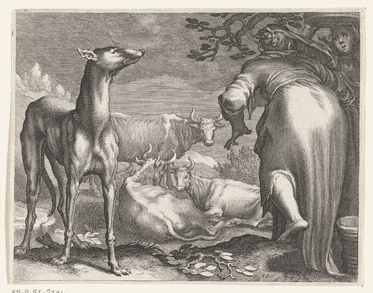 Twee vrouwen en hond bij koeien by Boëtius Adamsz. Bolswert, print, 1611