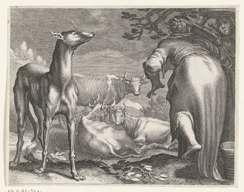 Twee vrouwen en hond bij koeien by Boëtius Adamsz. Bolswert, print, 1611