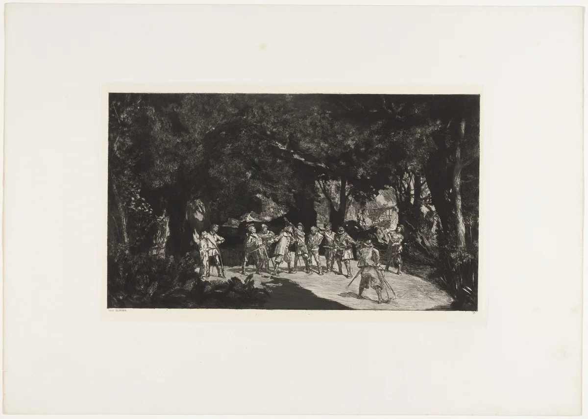 Simplicius among the Soldiers (Simplicius unter den Soldaten) from Intermezzi, Opus IV by Max Klinger, print, 1881