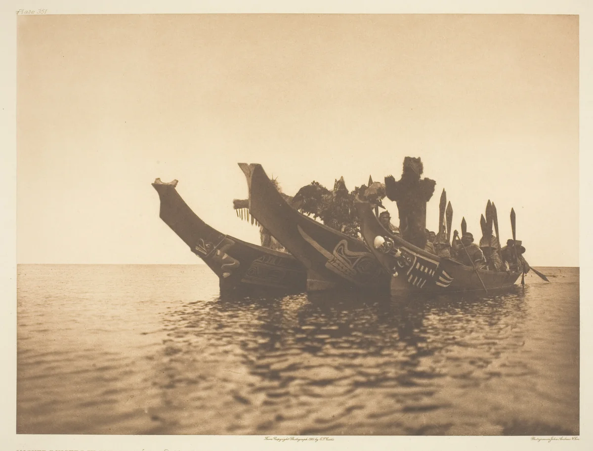 Masked Dancers in Canoes-Qagyuhl A by Edward Curtis, print, 1914