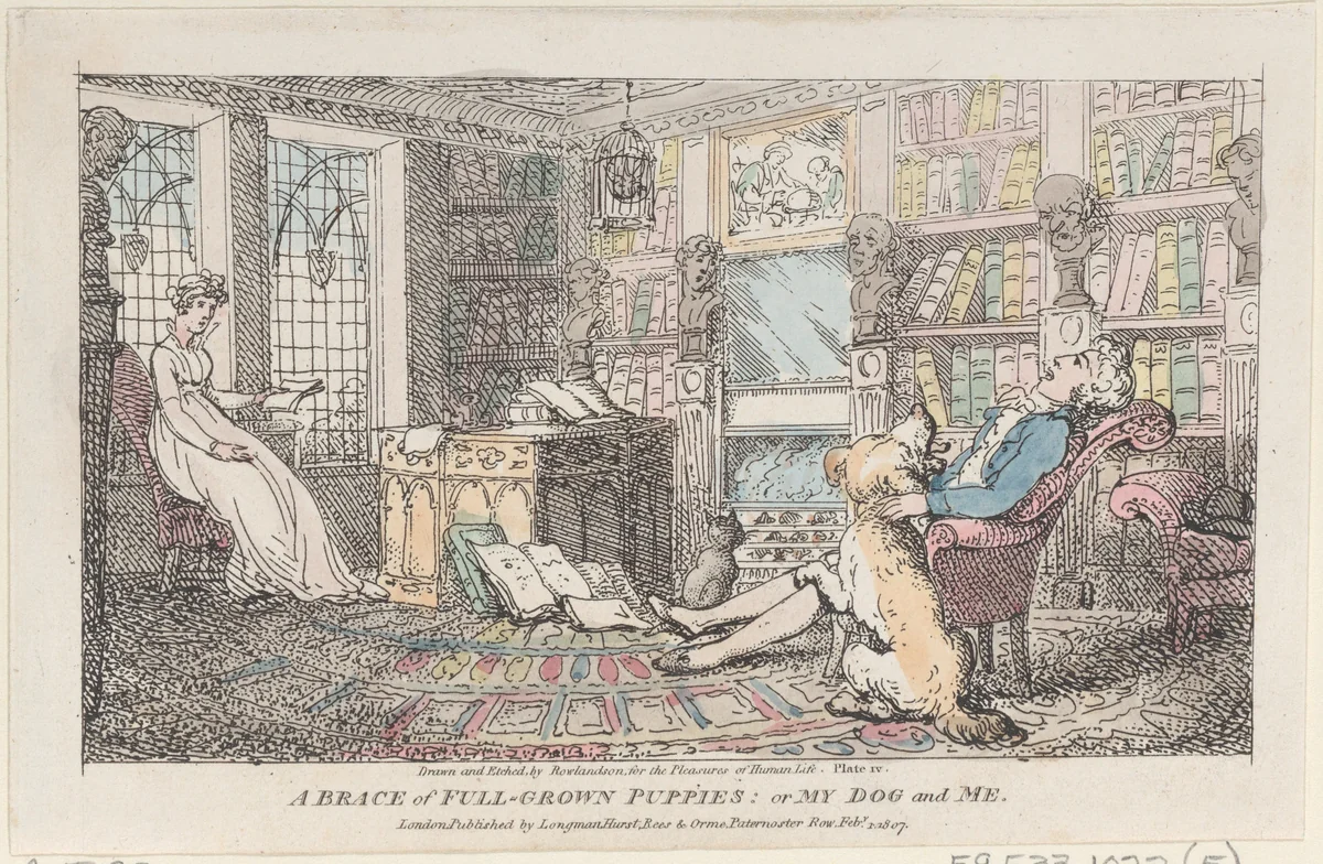 A Brace of Full-grown Puppies: or My Dog and Me by Thomas Rowlandson, print, 1807