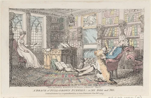 A Brace of Full-grown Puppies: or My Dog and Me by Thomas Rowlandson, print, 1807