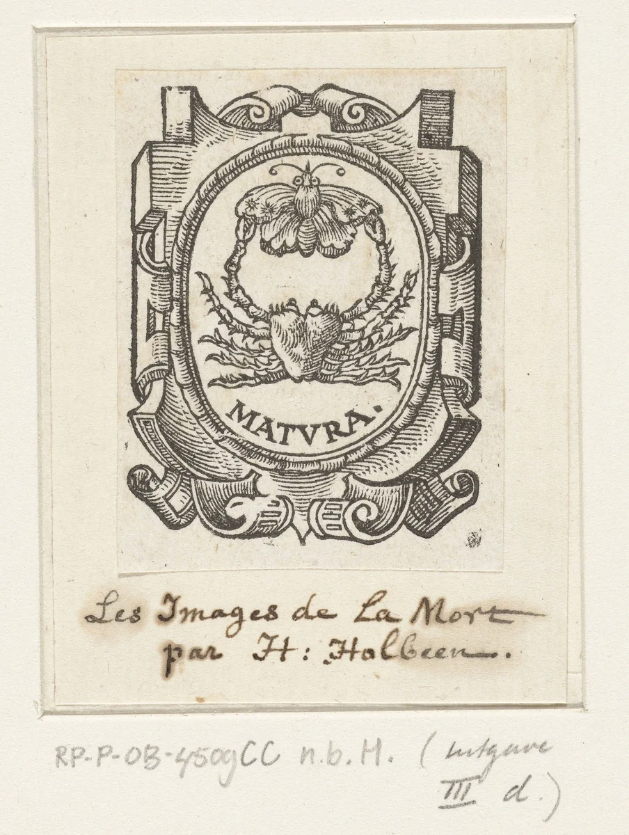 Embleem met krab en vlinder in ovale cartouche met rolwerk by Unknown, print, 1538-1562