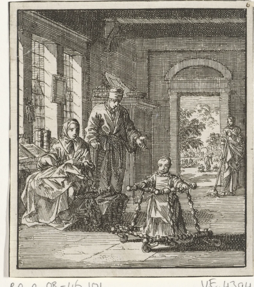 Ouders aanschouwen hun kind dat leert lopen met een loopwagen by Jan Luyken, print, 1712