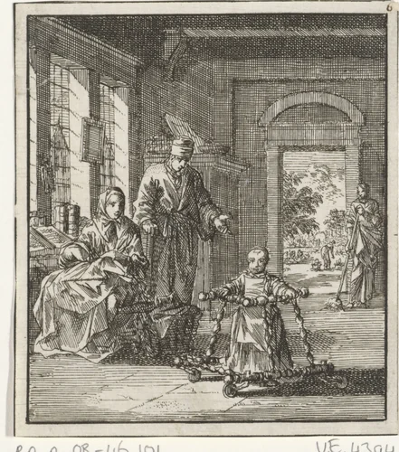 Ouders aanschouwen hun kind dat leert lopen met een loopwagen by Jan Luyken, print, 1712