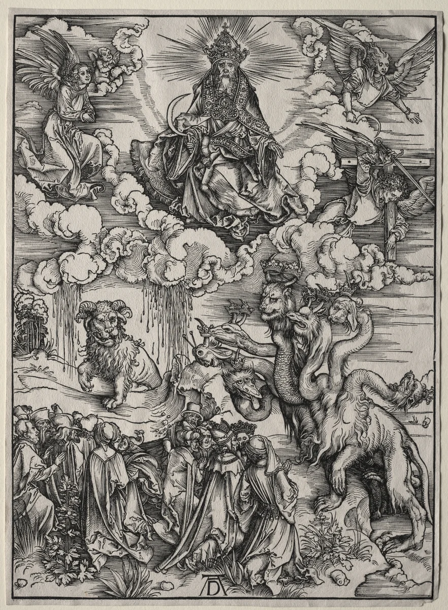 The Beast with Seven Heads and the Beast with Lamb's Horns by Albrecht Dürer, print, 1496-1498
