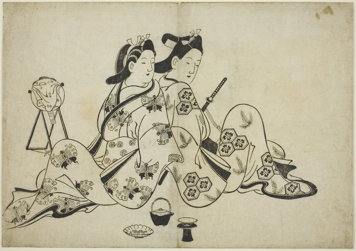 Back to back, from a series of 12 prints by Furuyama Moroshige, print, 1695-1705