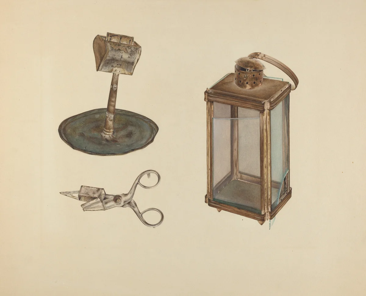 Zoar Candlestick, Snuffer and Lantern by Orville Cline, index of american design, 1938